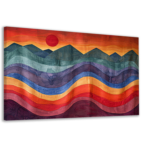 Kleurrijk abstract landschap met bergen en zon canvas