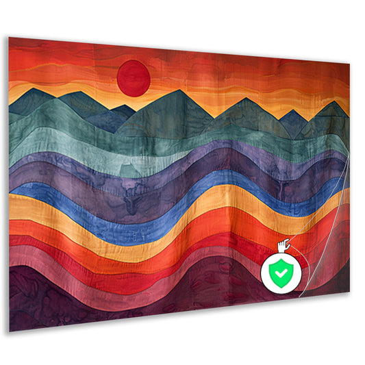 Kleurrijk abstract landschap met bergen en zon poster