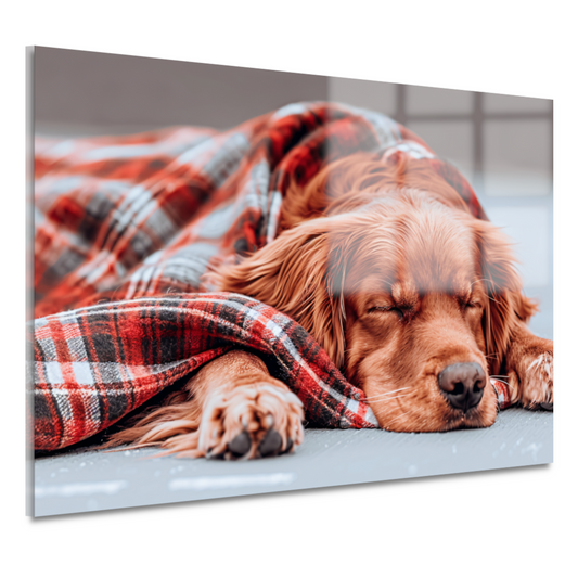 Hond rust onder plaid acrylglas