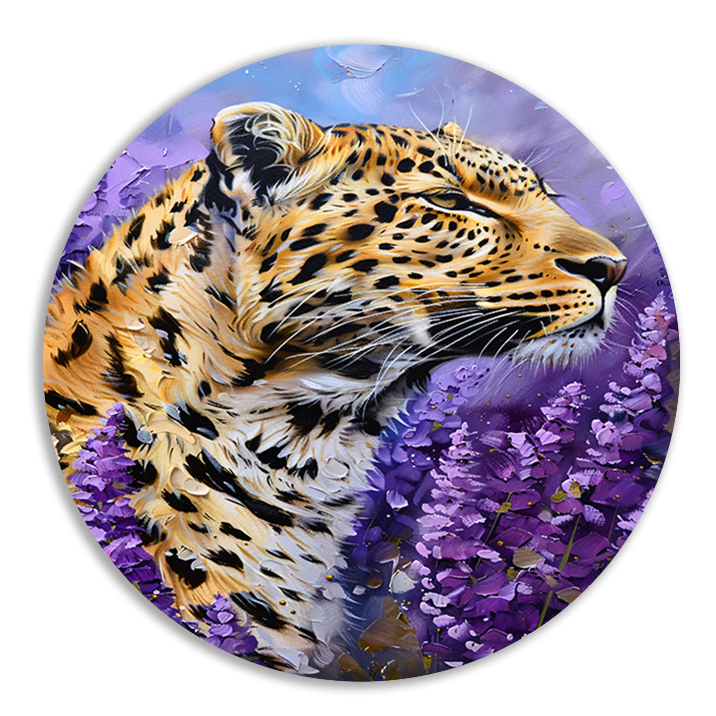 Realistisch luipaard schilderij met paarse bloemen aluminium muurcirkel