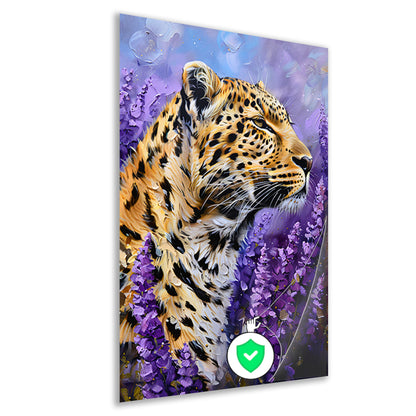 Realistisch luipaard schilderij met paarse bloemen poster