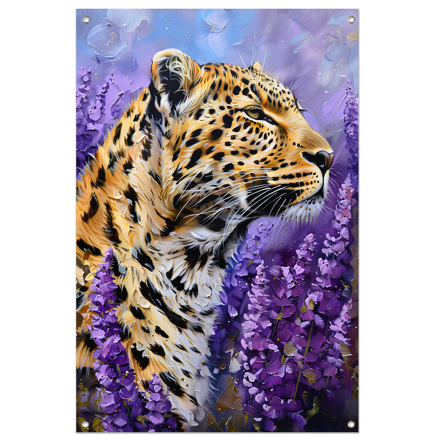 Realistisch luipaard schilderij met paarse bloemen tuinposter