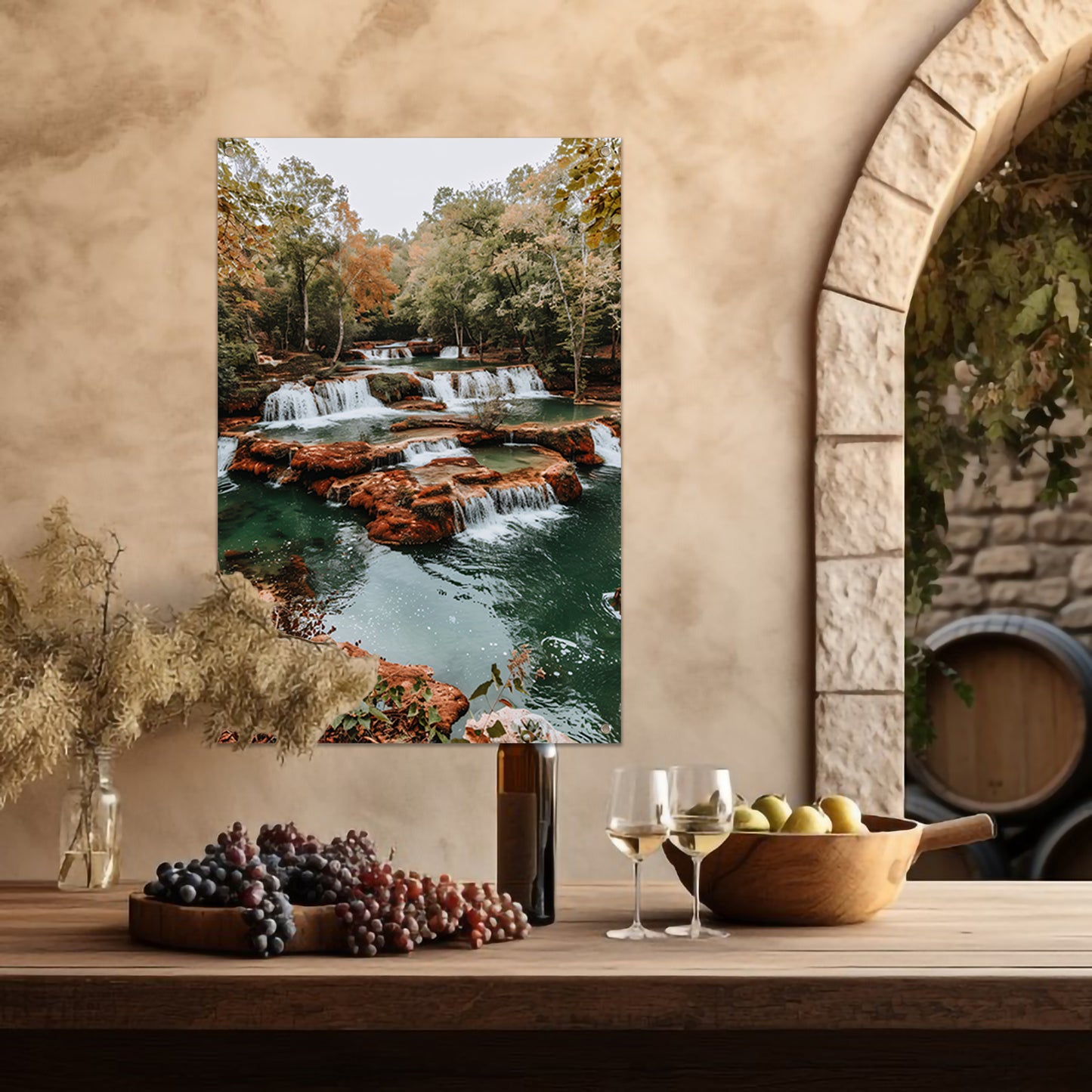 Watervallen in herfstbos landschap tuinposter