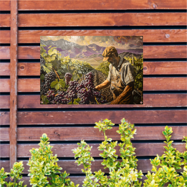 Wijnboer tijdens druivenoogst in vallei tuinposter