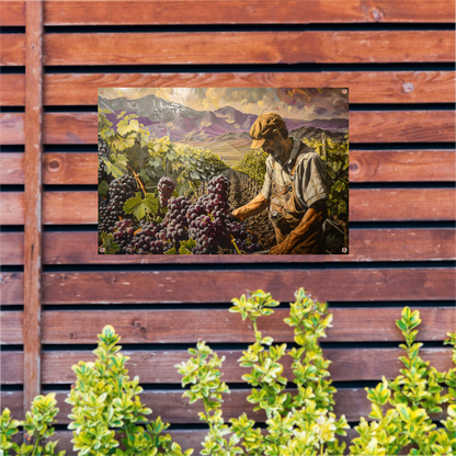 Wijnboer tijdens druivenoogst in vallei tuinposter