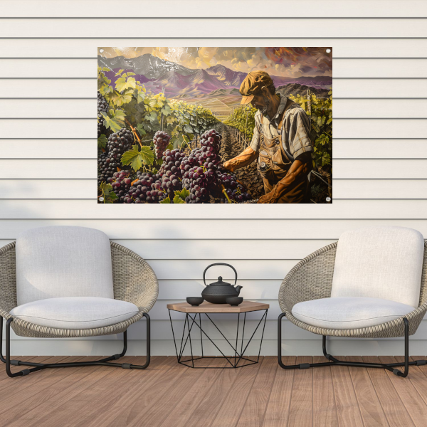 Wijnboer tijdens druivenoogst in vallei tuinposter