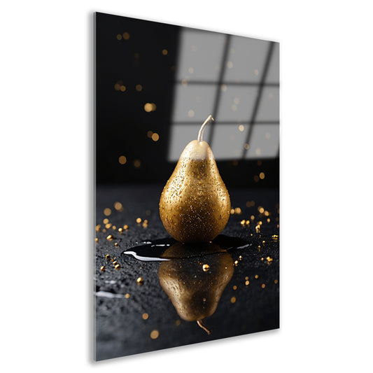 Gouden Peer met Glitters op Zwarte Ondergrond acrylglas