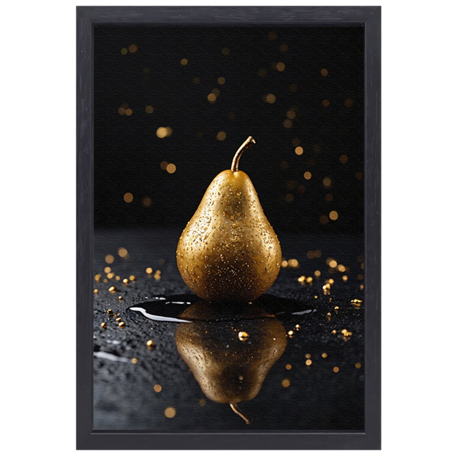 Gouden Peer met Glitters op Zwarte Ondergrond canvas met baklijst