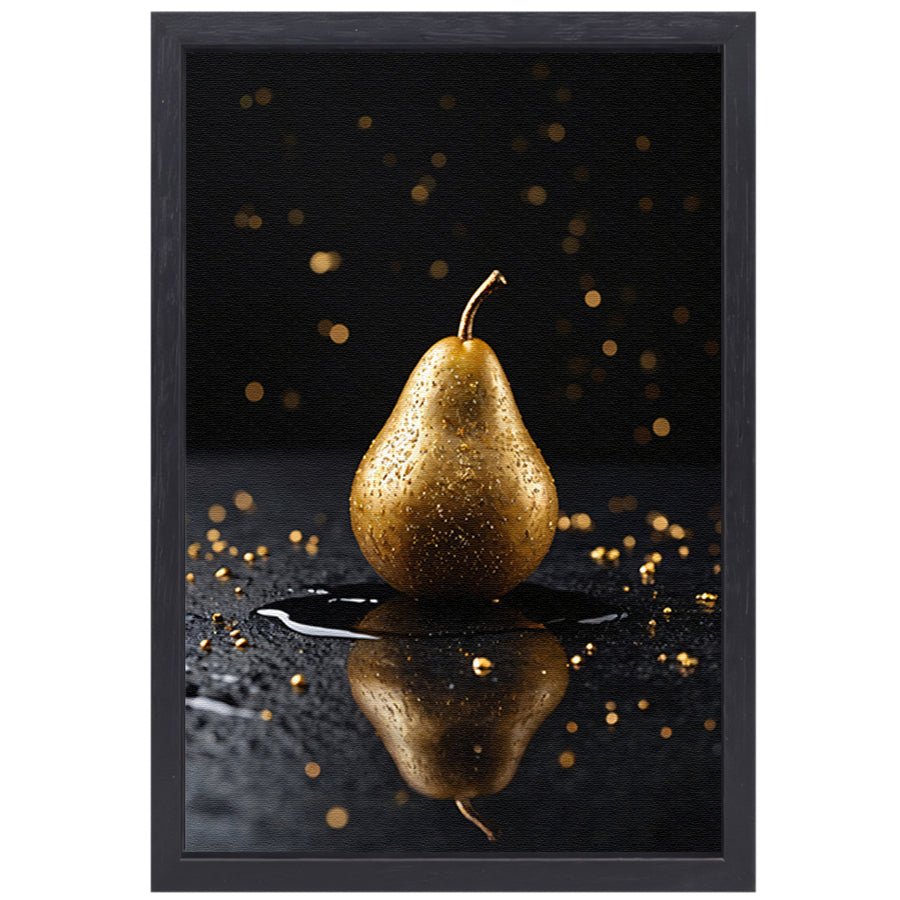 Gouden Peer met Glitters op Zwarte Ondergrond canvas met baklijst