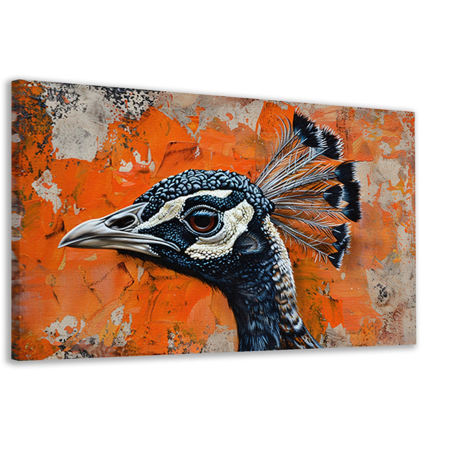 Realistisch schilderij van een pauw met abstracte achtergrond canvas