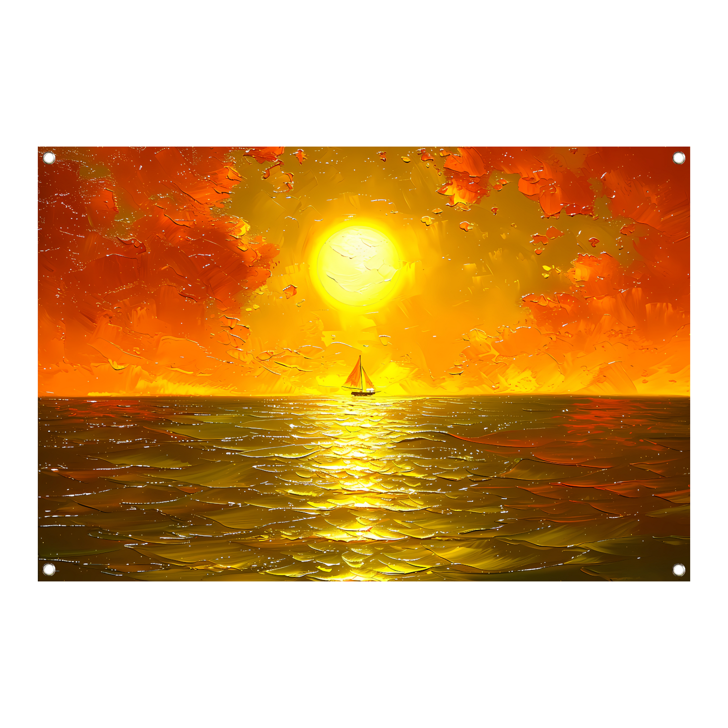 Prachtige zonsondergang met zeilboot op zee tuinposter