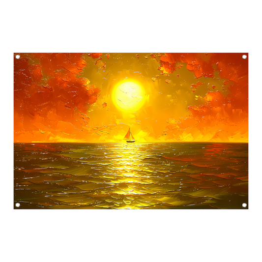 Prachtige zonsondergang met zeilboot op zee tuinposter