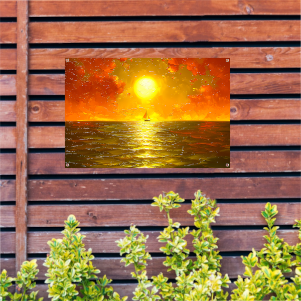 Prachtige zonsondergang met zeilboot op zee tuinposter