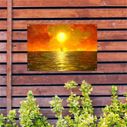 Prachtige zonsondergang met zeilboot op zee tuinposter