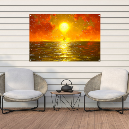 Prachtige zonsondergang met zeilboot op zee tuinposter