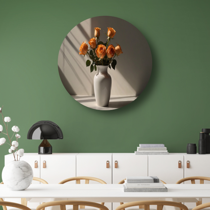 Elegante oranje rozen in witte vaas aluminium muurcirkel