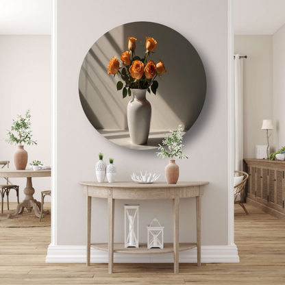 Elegante oranje rozen in witte vaas aluminium muurcirkel