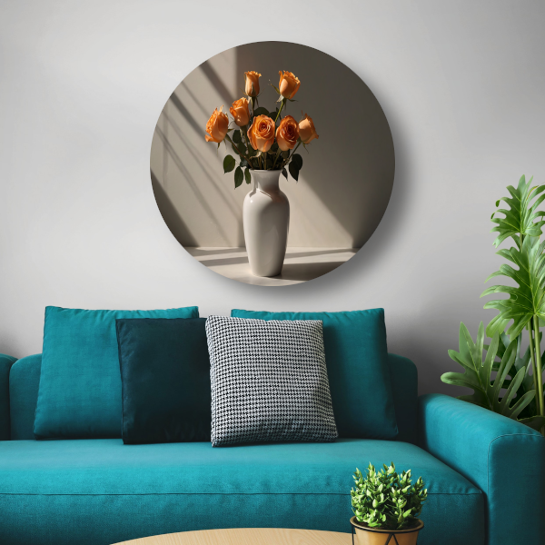 Elegante oranje rozen in witte vaas aluminium muurcirkel