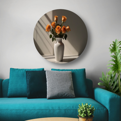 Elegante oranje rozen in witte vaas aluminium muurcirkel