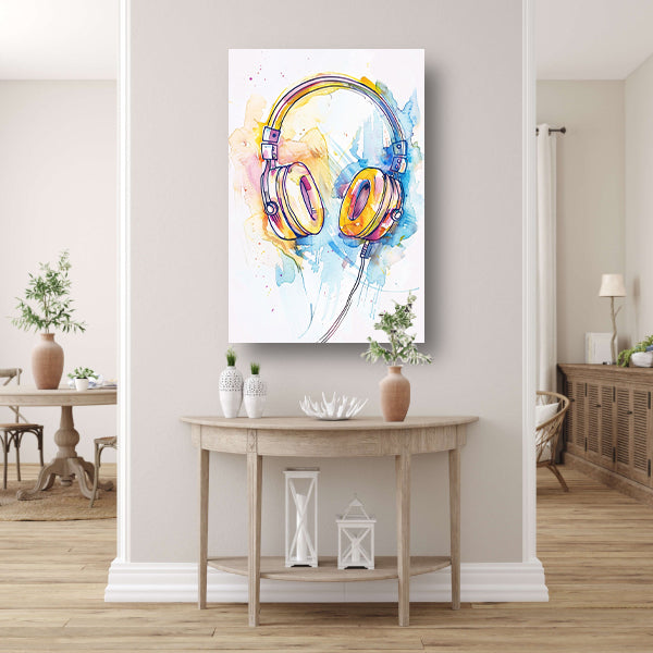 Kleurrijk Aquarel Koptelefoon Kunst canvas met baklijst