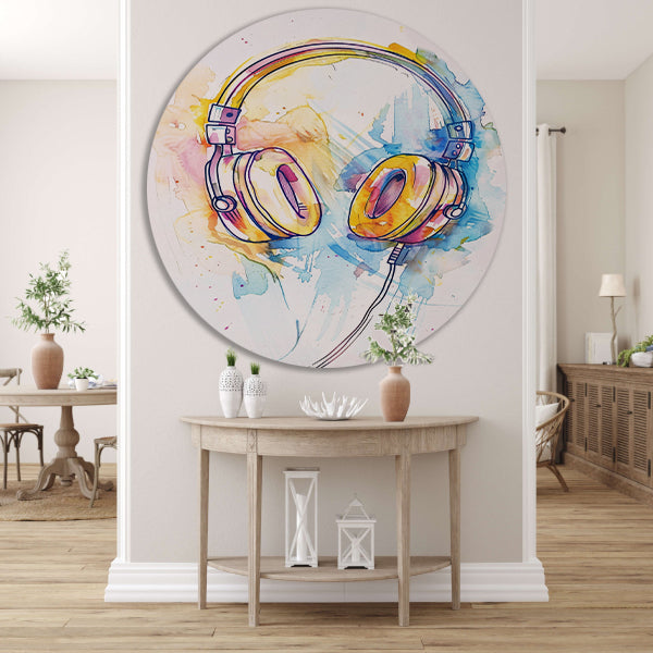 Kleurrijk Aquarel Koptelefoon Kunst forex muurcirkel