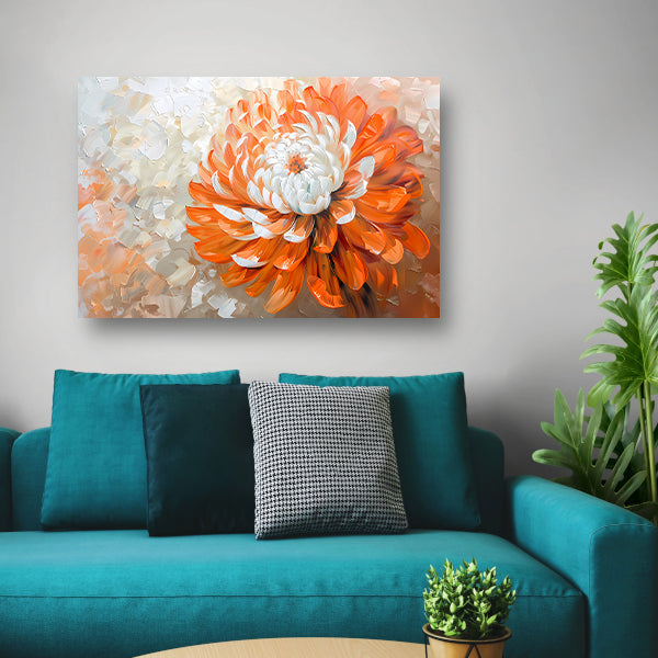 Abstract schilderij van oranje en witte bloem canvas met baklijst