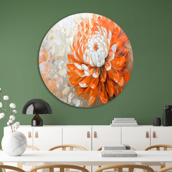 Abstract schilderij van oranje en witte bloem aluminium muurcirkel