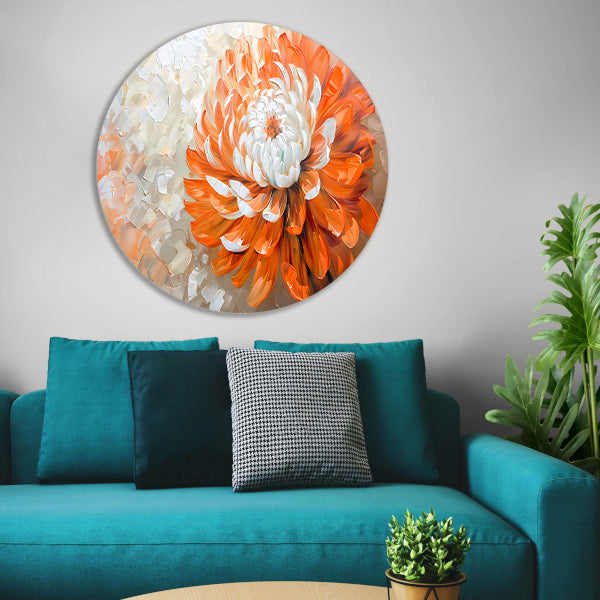 Abstract schilderij van oranje en witte bloem aluminium muurcirkel