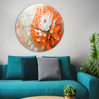 Abstract schilderij van oranje en witte bloem aluminium muurcirkel