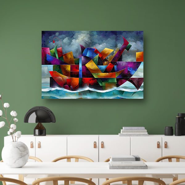 Abstracte Kleurenstorm met Golven en Boot poster