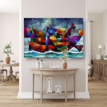 Abstracte Kleurenstorm met Golven en Boot poster