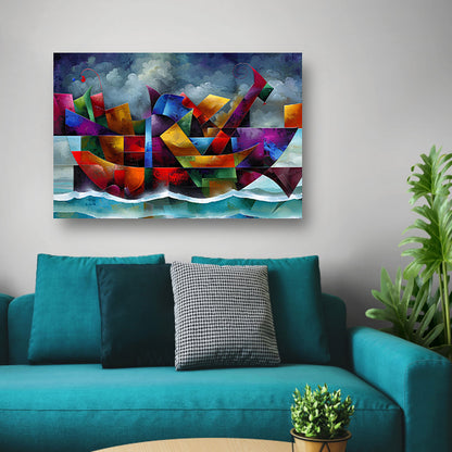 Abstracte Kleurenstorm met Golven en Boot poster