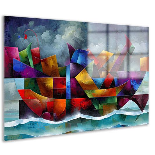 Abstracte Kleurenstorm met Golven en Boot acrylglas