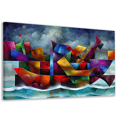 Abstracte Kleurenstorm met Golven en Boot canvas