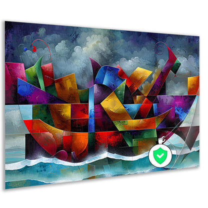 Abstracte Kleurenstorm met Golven en Boot poster