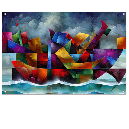 Abstracte Kleurenstorm met Golven en Boot tuinposter