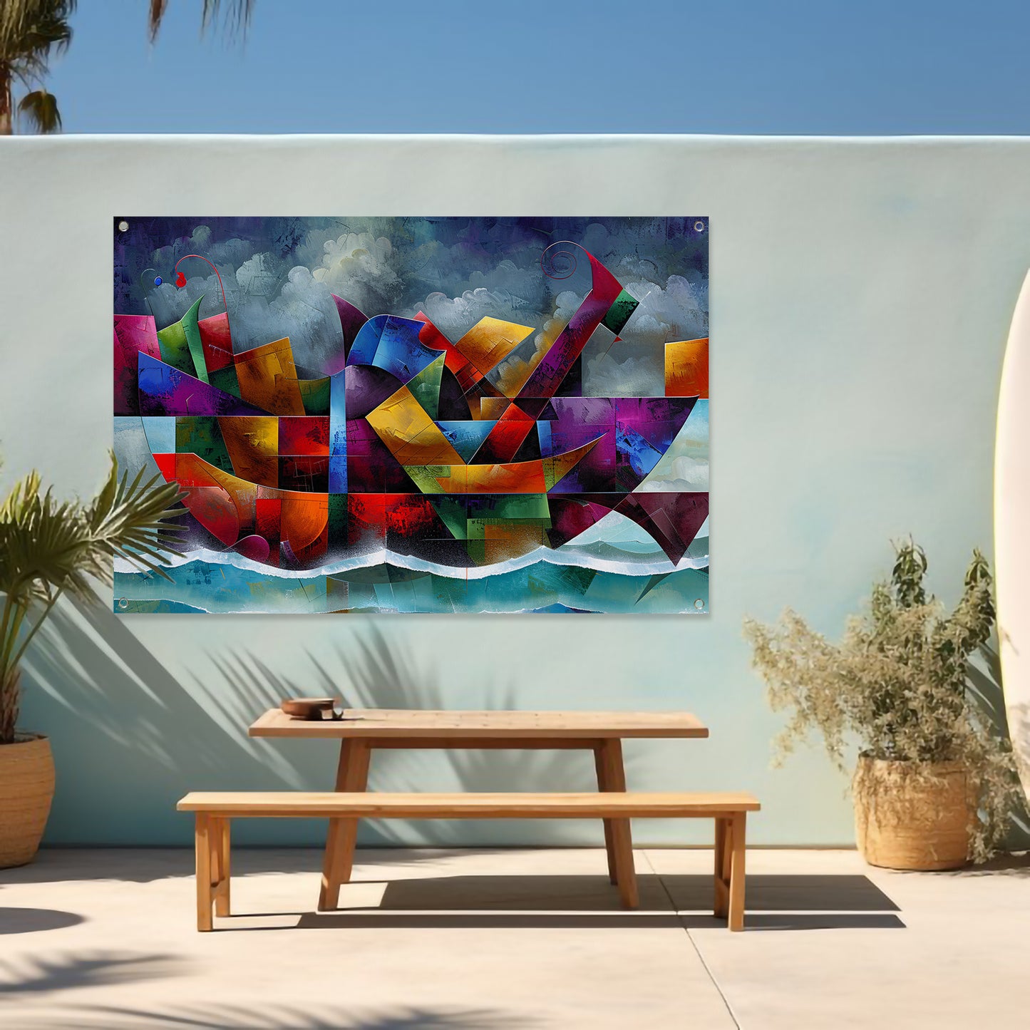 Abstracte Kleurenstorm met Golven en Boot tuinposter