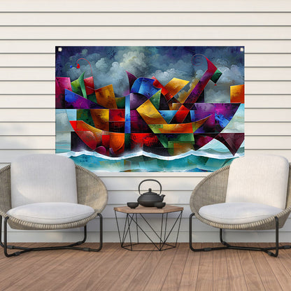 Abstracte Kleurenstorm met Golven en Boot tuinposter