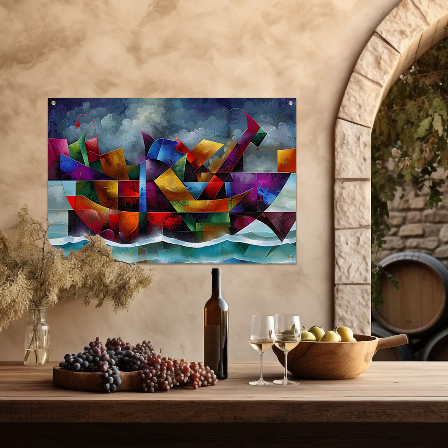 Abstracte Kleurenstorm met Golven en Boot tuinposter