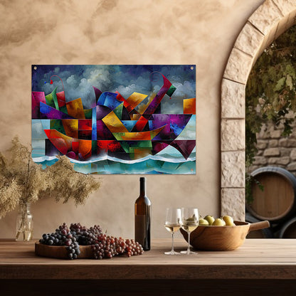 Abstracte Kleurenstorm met Golven en Boot tuinposter
