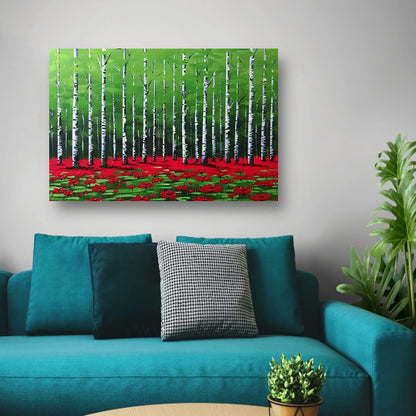 Abstract schilderij van bos met bloemen poster