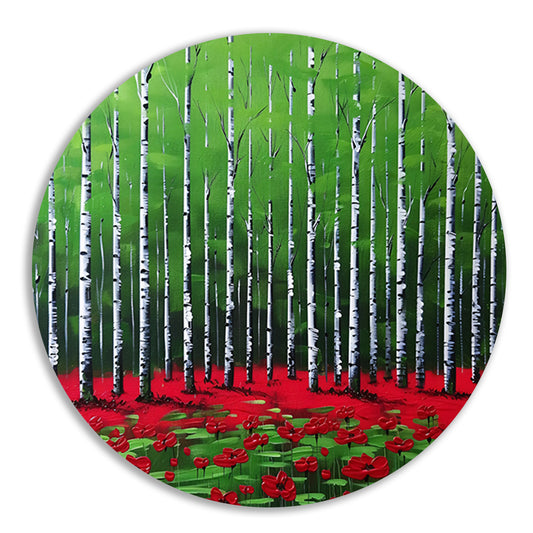 Abstract schilderij van bos met bloemen aluminium muurcirkel