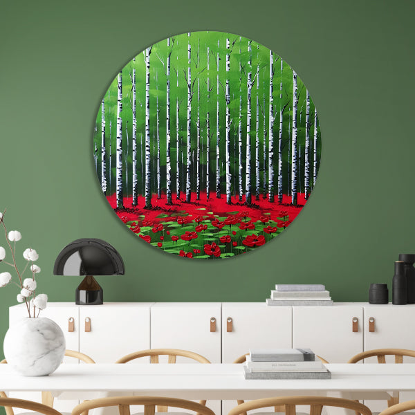 Abstract schilderij van bos met bloemen aluminium muurcirkel