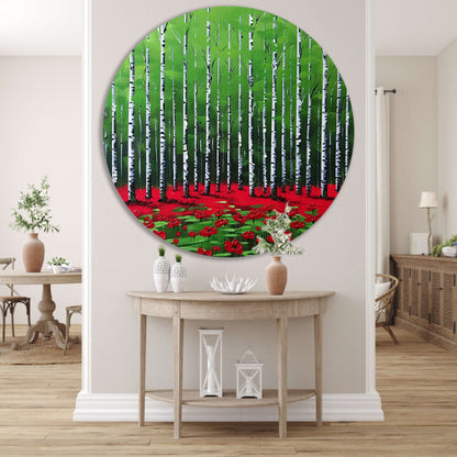 Abstract schilderij van bos met bloemen aluminium muurcirkel