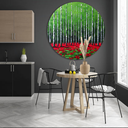 Abstract schilderij van bos met bloemen aluminium muurcirkel