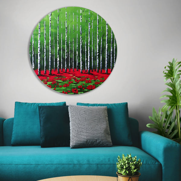 Abstract schilderij van bos met bloemen aluminium muurcirkel