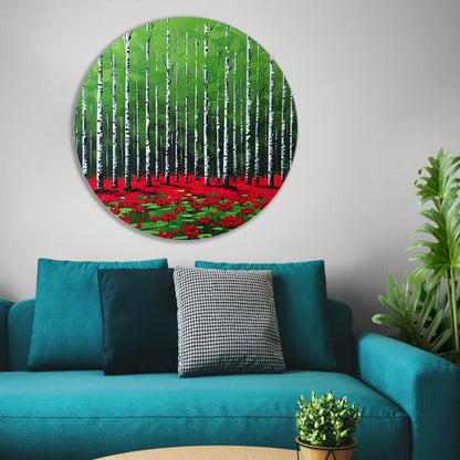 Abstract schilderij van bos met bloemen aluminium muurcirkel