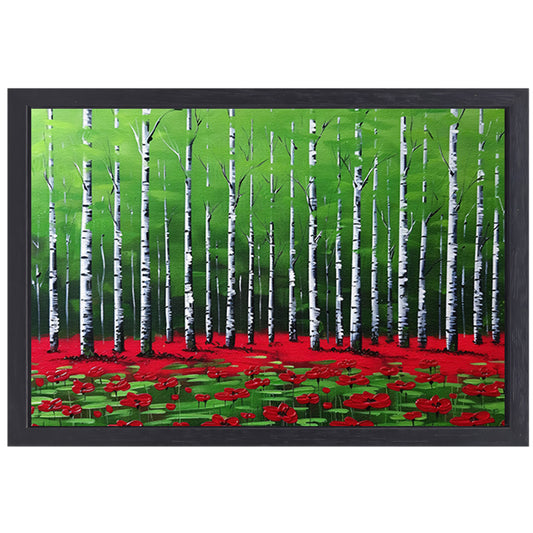 Abstract schilderij van bos met bloemen canvas met baklijst
