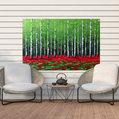 Abstract schilderij van bos met bloemen tuinposter