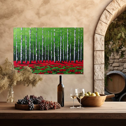 Abstract schilderij van bos met bloemen tuinposter